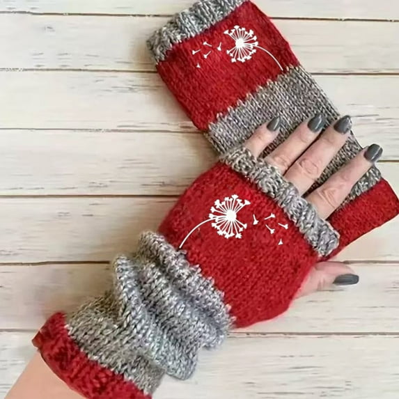 Knit Fingerless Gloves for Women, Cute Embroidery Splicing Womens Knitted Glove, Warm Cozy Winter Vintage Red One Size