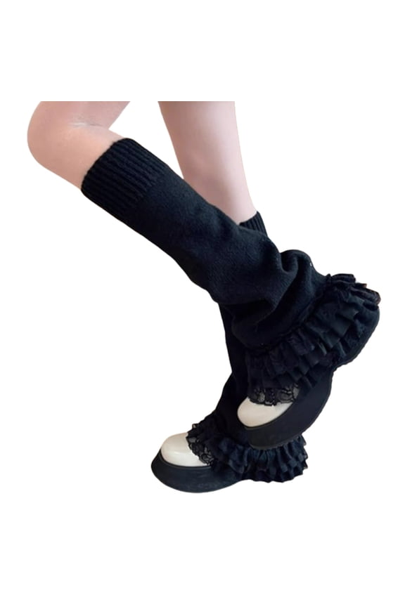 Knit Flared Leg Warmers Calf Socks Japanese JK Women Sweet Layered Ruffled Lace Trim Boot Cuffs Foot Covers Stockings