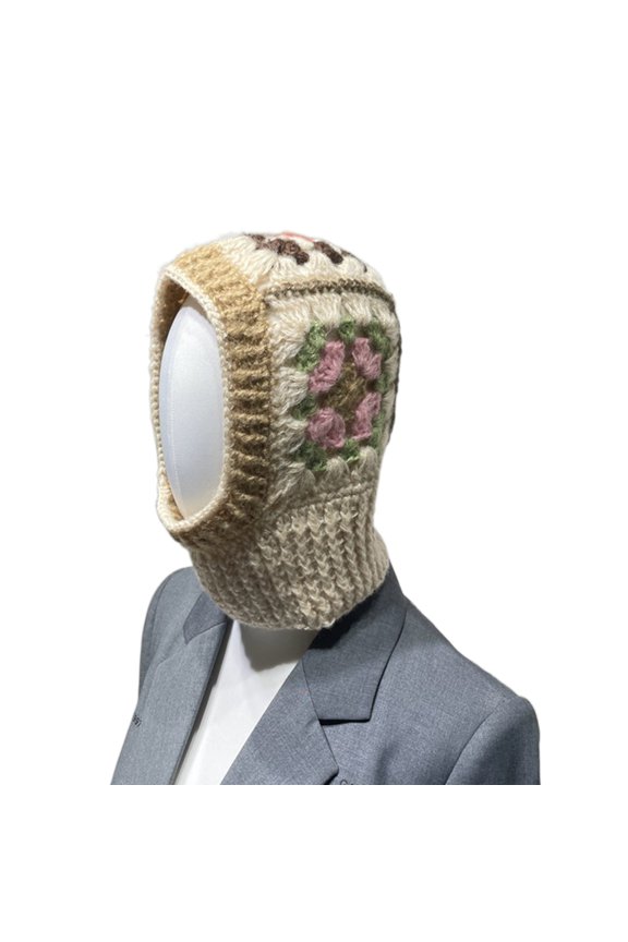 Knit Floral Pattern Balaclava for Y2K Girls Windproof Handmade Skiing Riding Hat
