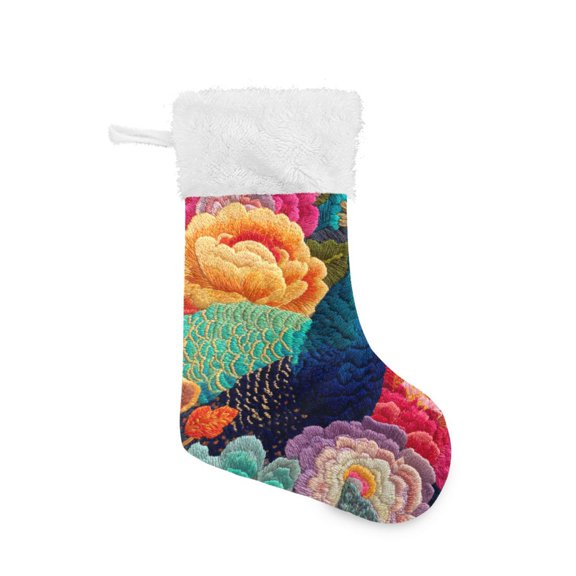 Knit Flowers Peacock Christmas Stockings Large Capacity 18 inch Gift Bag with Hook Xmas Holiday Decor 1 Pack