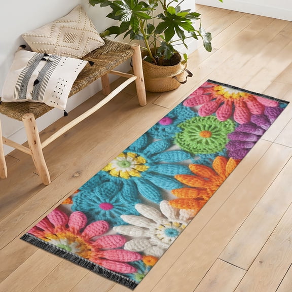 Knit Flowers Runner Rug Machine Washable Area Rugs Carpet Non Slip Entryway Mat for Bedroom Entryway Front Door