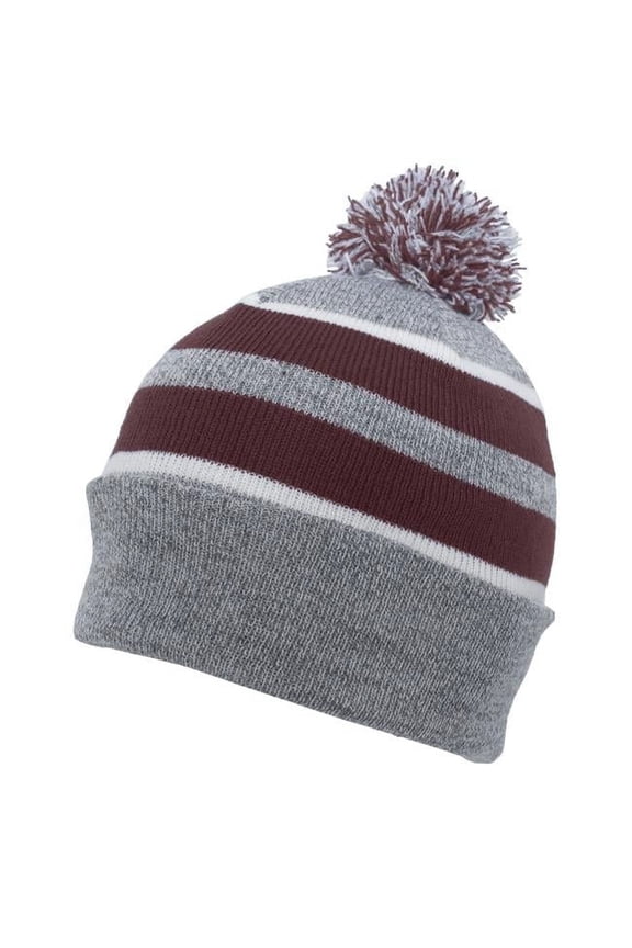 Knit Fold Over Pom-Pom Beanie Hat, Heather & Dark Green & White - One Size