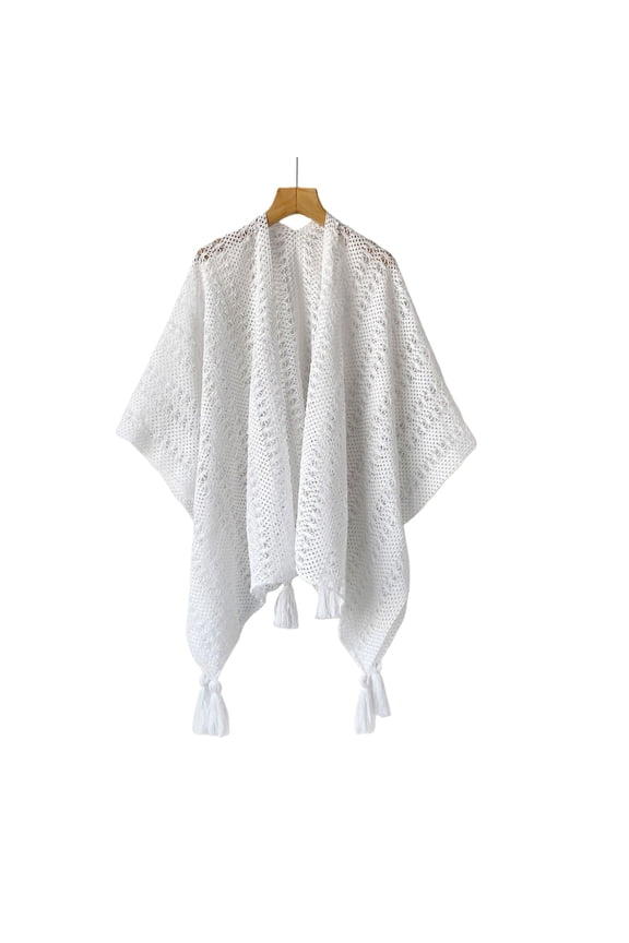 Knit Fringe Cardigan Shawl – Openwork Vacation Cover-Up Layering Piece