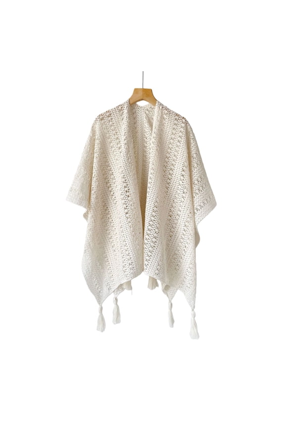 Knit Fringe Cardigan Shawl – Openwork Vacation Cover-Up Layering Piece