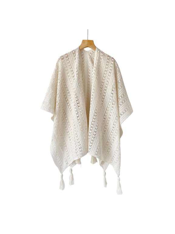 Knit Fringe Cardigan Shawl – Openwork Vacation Cover-Up Layering Piece