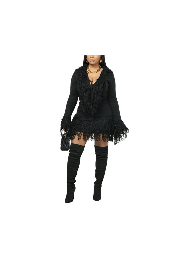 Knit Fringe Tie-Detail Long Sleeve Bodycon Two-Piece Skirt Outfit Set