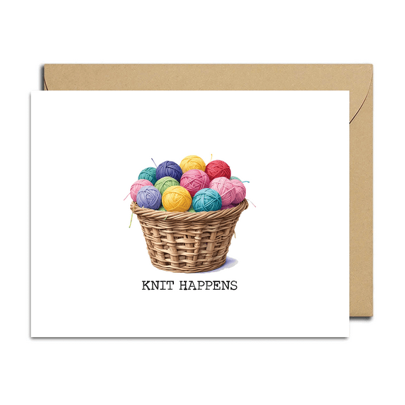 Knit Happens Greeting Card – Colorful Yarn Basket Design – Blank Inside, Envelope Included – Perfect for Knitters, Birthdays, Encouragement, or Just Because