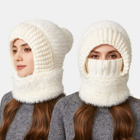 Knit Hat with Scarf Mask Under $5! Kadlawus Fleece Lined Balaclava 3-in-1 Winter Hat with Face Mask and Neck Gaiter, Windproof Warm Knit Beanie for Women Men