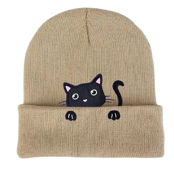 Knit Hat with Embroidered Lovely Kitten Hat Knit Caps for Outdoor