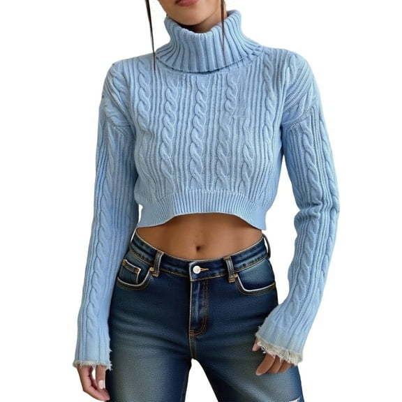 Knit High Neck Pullover Sweater Short Cropped Ribbed Pattern Long Sleeve Soft Warm Winter Casual Turtleneck Sweater Shirt
