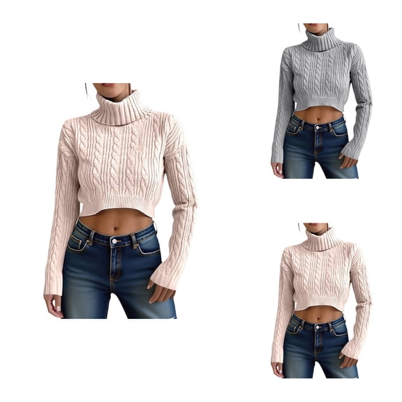 Knit High Neck Pullover Sweater Short Cropped Ribbed Pattern Long Sleeve Soft Warm Winter Casual Turtleneck Sweater Shirt