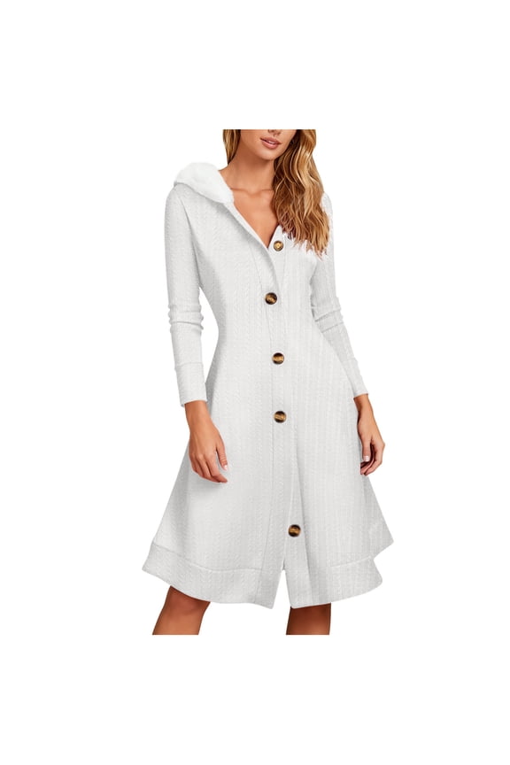 Knit Hooded Dress, Soft Sweater Material with Functional Side Pockets, Perfect for Football Games, Pumpkin Patches and Chilly Outdoor Activities White L