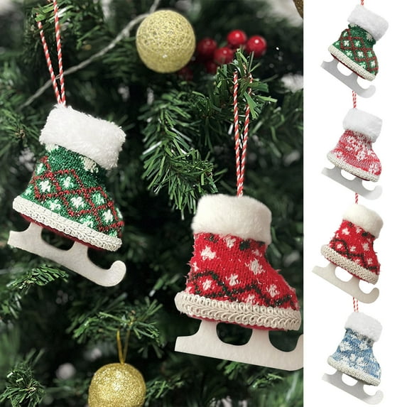 Knit Ice Skate Christmas Ornaments, 3D Plush Design with Blades for Hanging, Christmas Tree Decorations for Winter Sports Theme