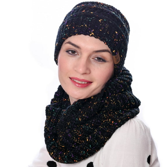 Knit Infinity Loop Scarf And Beanie Hat Set, Warm For The Winter Black Blend By Debra Weitzner
