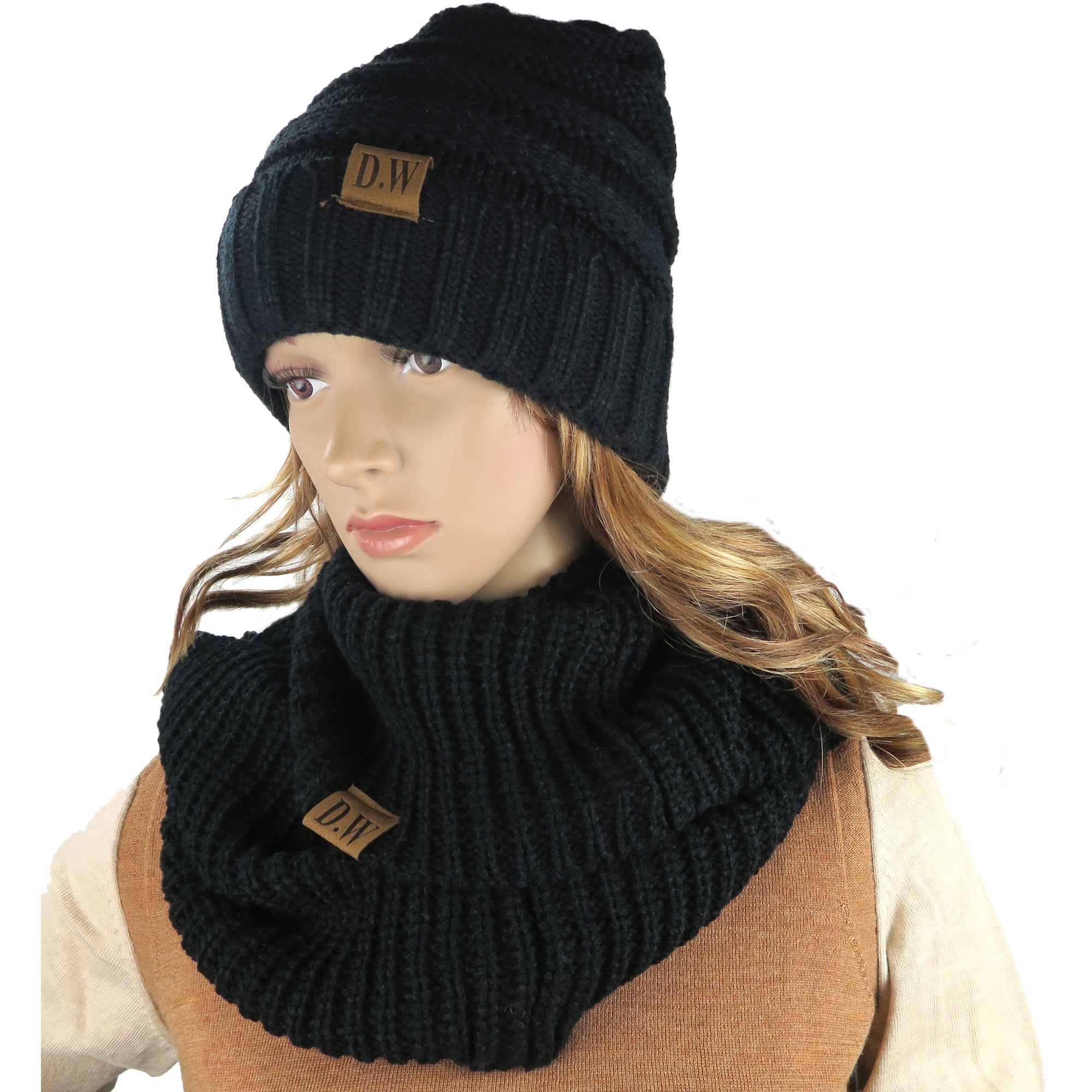 Knit Infinity Loop Scarf And Beanie Hat Set, Warm For The Winter Black ...