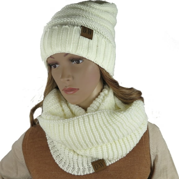 Knit Infinity Loop Scarf And Beanie Hat Set, Warm For The Winter Cream By Debra Weitzner