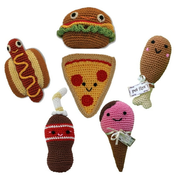 Knit Knacks Organic Cotton Pet Dog Toys, "Food Collection" (Choose from: Hamburger, Hot Dog, Drumstick, Pizza, Soda, or Ice Cream Cone)