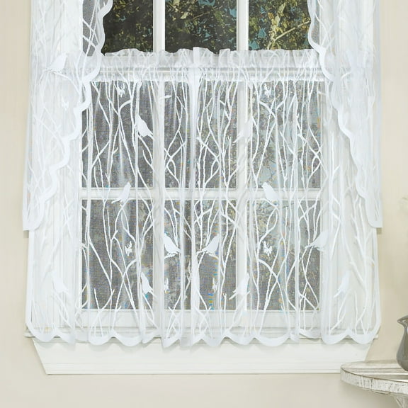Knit Lace Bird Motif Kitchen Window Curtain Tiers, Swags or Valance White