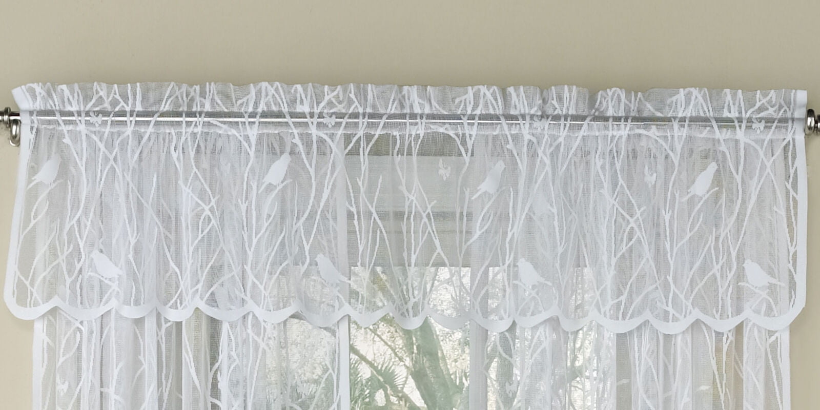 Knit Lace Bird Motif Kitchen Window Curtain Tiers, Swags or Valance