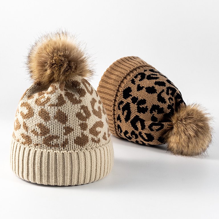 Knit Leopard Cheetah Beanie Hat for Women Faux Fur Pom Warm 