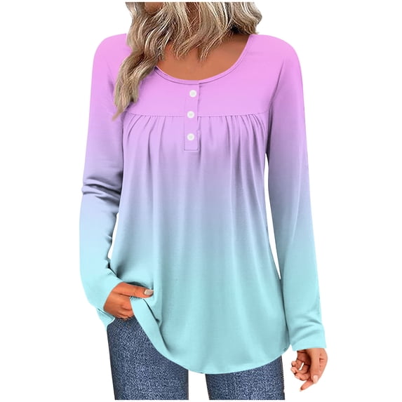 Knit Long Sleeve Bodysuit Women's Gradual Long Sleeve Tops, Round Neck Button Relaxed Fits Tunic Top, Casual Pleated Versatile Basic Tee
