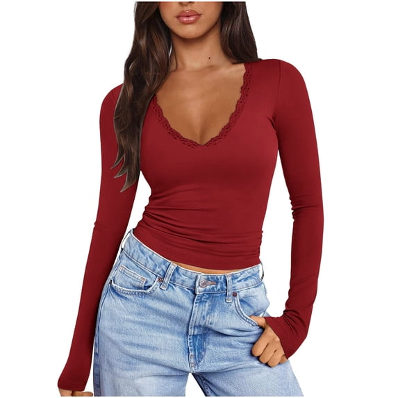 Knit Long Sleeve Bodysuit Women's Lace Trim Long Sleeve Tops, V-Neck Slim Fits Basic Crop Tops, Fall Casual Going out Comfy Shirts Daily Wear