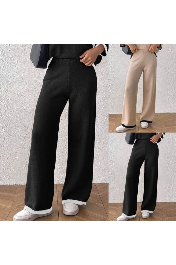 Knit Lounge Pants Women Loose Fit Casual Trousers Solid Color Wide Leg Palazzo Pants Buttery Soft Yarn Knitting Pants Relaxation Gifts for Women | CSEONE,Black XL
