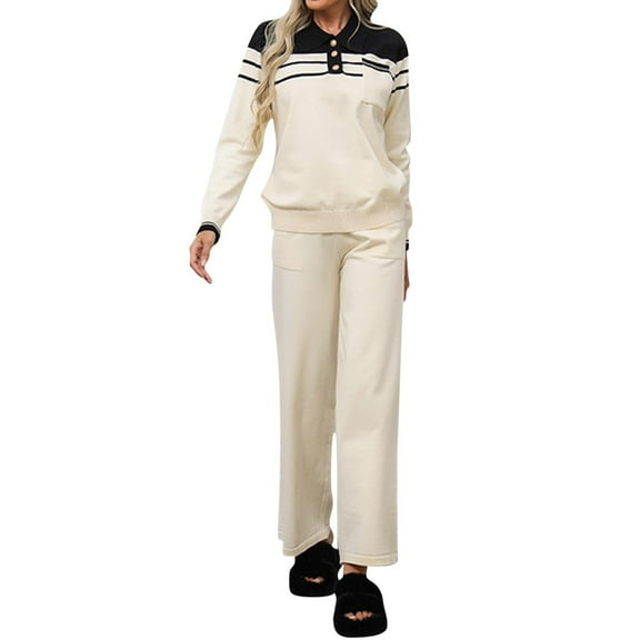 Knit Lounge Set for Women Pullover Sweater and Wide Leg Pants 2 Piece Button Sweatshirt Outfits Fall Loose Loungewear (Beige Free Size)