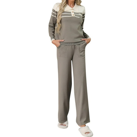 Knit Lounge Set for Women Pullover Sweater and Wide Leg Pants 2 Piece Button Sweatshirt Outfits Fall Loose Loungewear (Gray Free Size)