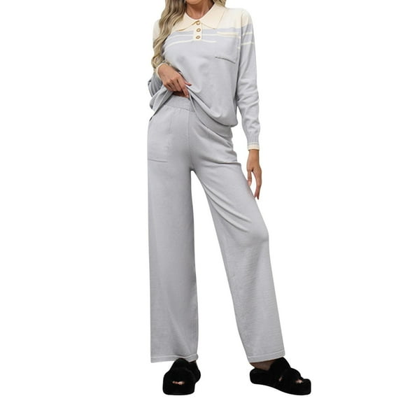 Knit Lounge Set for Women Pullover Sweater and Wide Leg Pants 2 Piece Button Sweatshirt Outfits Fall Loose Loungewear (Light Blue Free Size)