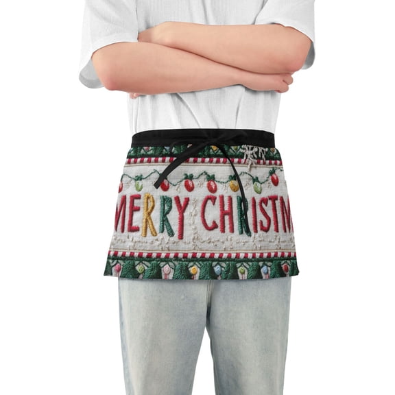 Knit Merry Christmas Holly Leaves Stripes Greet Short Server Apron with 3 Pockets for Unisex Chef Gardening