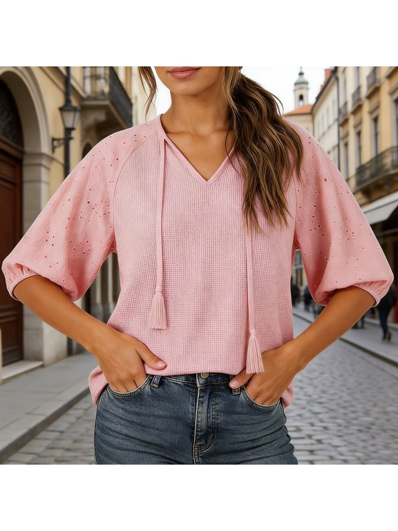 Knit Mesh Embroidered Hollowout Blouson Top With Tassels Casual Tunic Tops (Pink L)