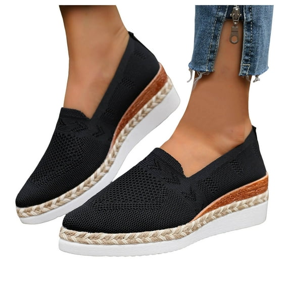Knit Mesh Loafers for Women Pointed Toe Wedge Espadrilles Breathable Slip on Casual Work Dress Shoes Walking Shoes Black Size 9