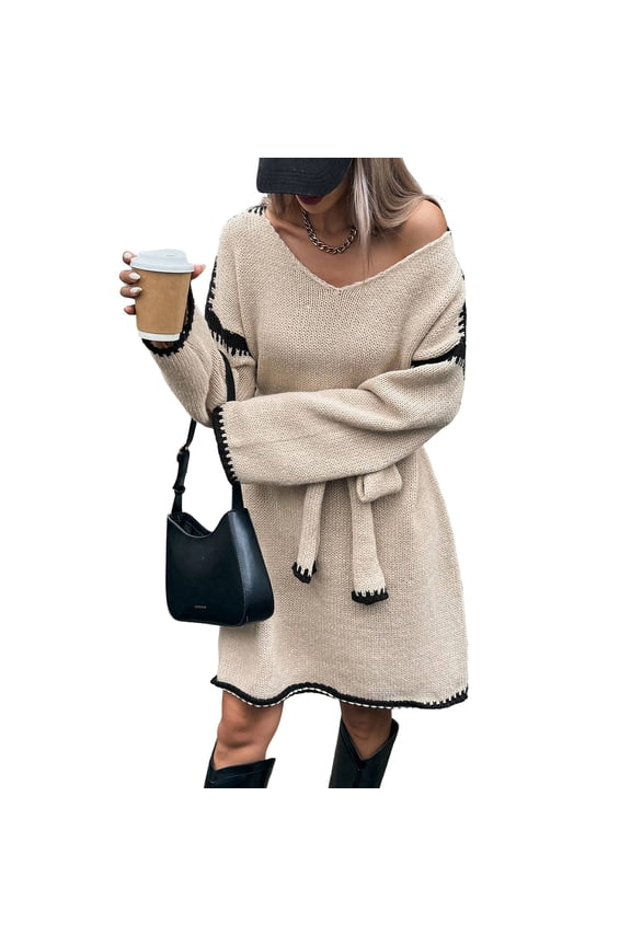 Knit Midi Dress, Loose Fit V-Neck Long Sleeve with Tie Waist, Effortlessly Chic Loungewear or Streetwear for Fall and Coffee Shop Dates Khaki S
