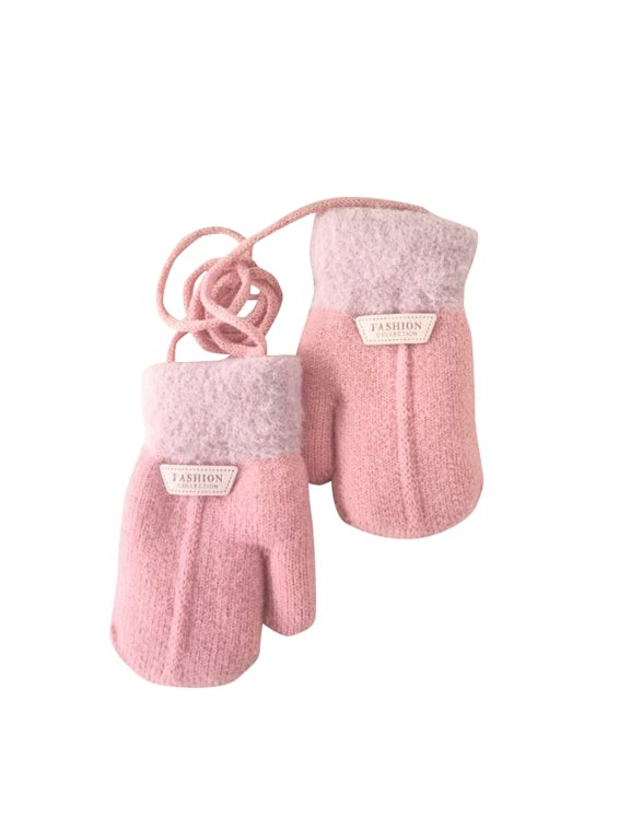 Knit Mittens Kids Winter Thick Warm Knitted Full Finger Toddler Gloves with Hanging String for Outdoor