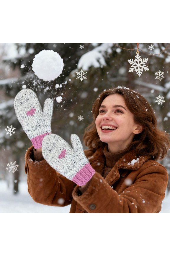 Knit Mittens with Heart Design Touchscreen Finger Tips Warm Winter for Girls Pink One Size