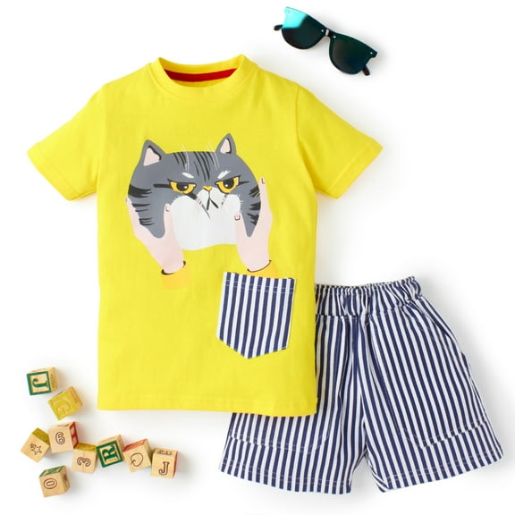 Knit N Knot Boys' Cat Printed Cotton T-shirt with Shorts | Casual Cotton Combo Set for Kids | Lemon Yellow | 1 set