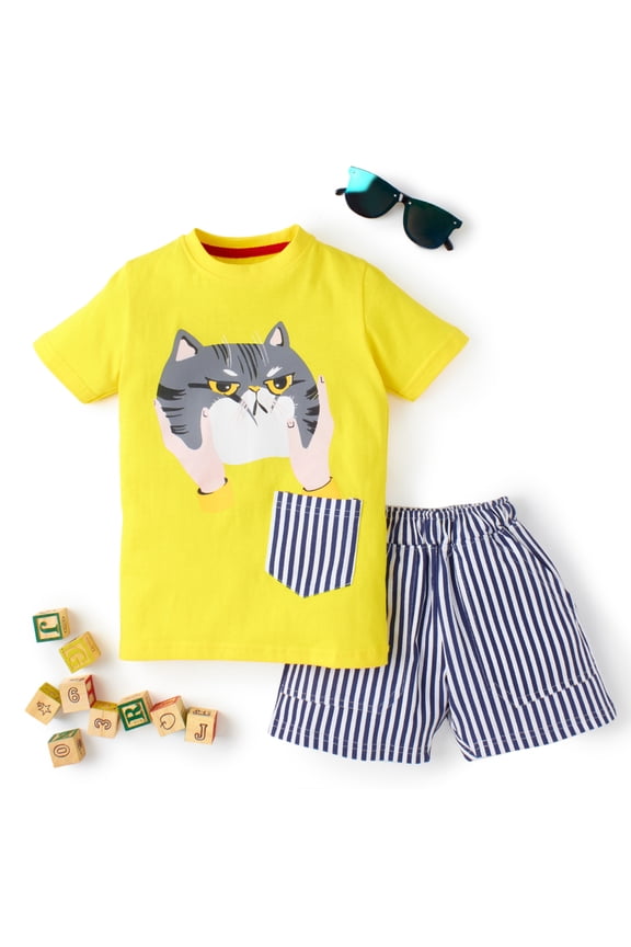 Boys' Cat Printed Cotton T-shirt with Shorts | Casual Cotton Combo Set for Kids | Lemon Yellow | 1 set