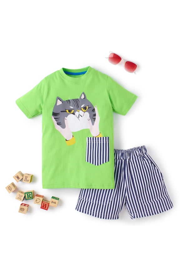 Boys' Cat Printed Cotton T-shirt with Shorts | Casual Cotton Combo Set for Kids | Lime Green | 1 set