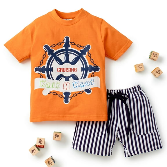 Knit N Knot Boys' Nautical Wheel Printed Cotton T-shirt with Shorts | Casual Cotton Combo Set for Kids | Orange | 1 set