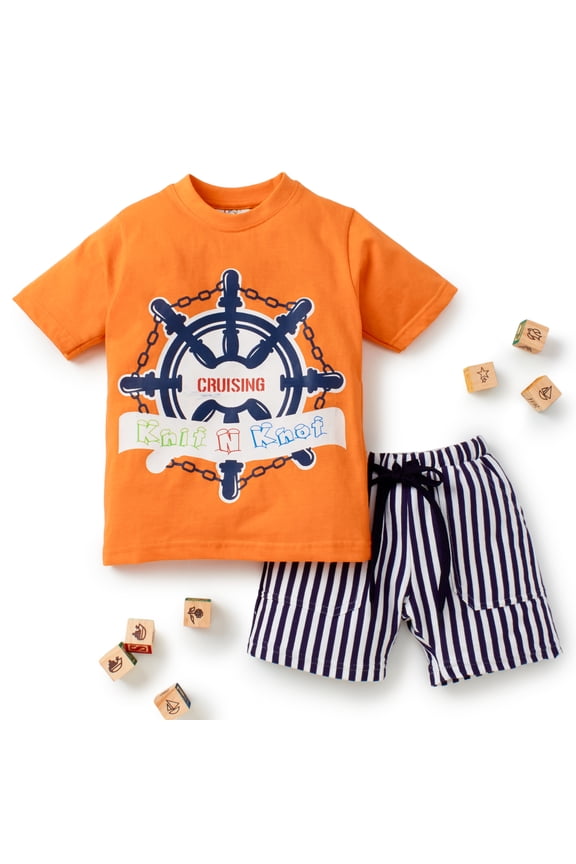 Boys' Nautical Wheel Printed Cotton T-shirt with Shorts | Casual Cotton Combo Set for Kids | Orange | 1 set