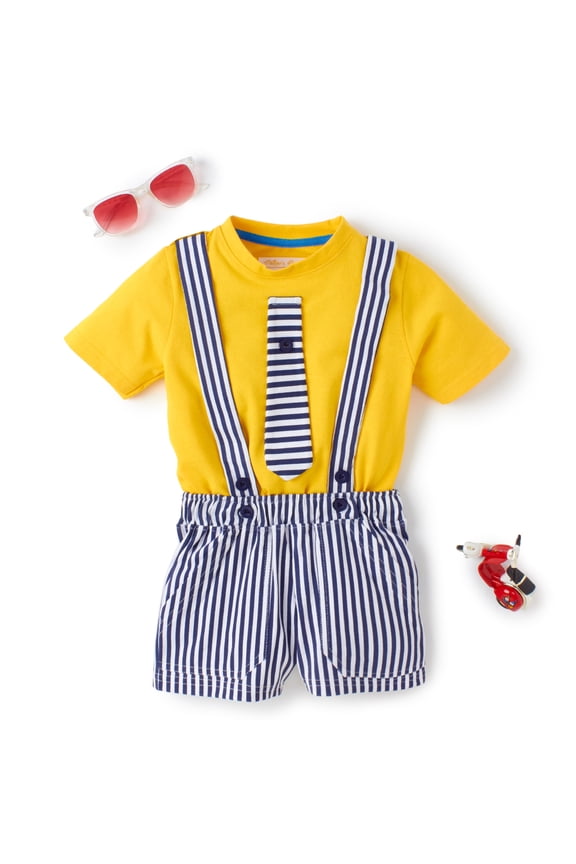 Boys' Solid Cotton T-shirt with Gallace Shorts | Casual Cotton Combo Set for Kids | Yellow | 1 set