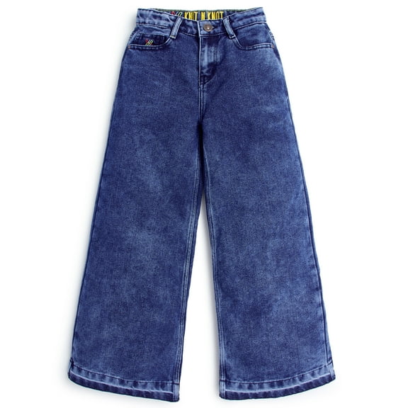 Knit N Knot Girls' Indigo Blue wide leg high waist flared fit, DX Towel Washed, Bottom Open, Fashionable Denim jeans pant