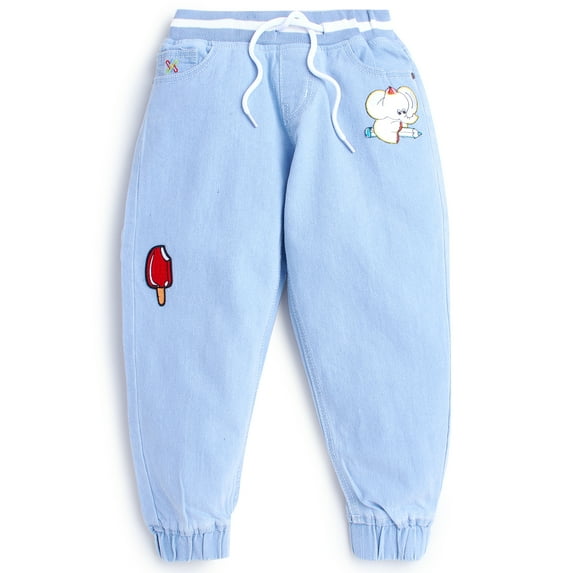 Knit N Knot Ice Blue, Stretch, Relaxed Fit, Elastic Waist, Applique Embroidery Patch Denim Jogger for Boys, 3-4 Year