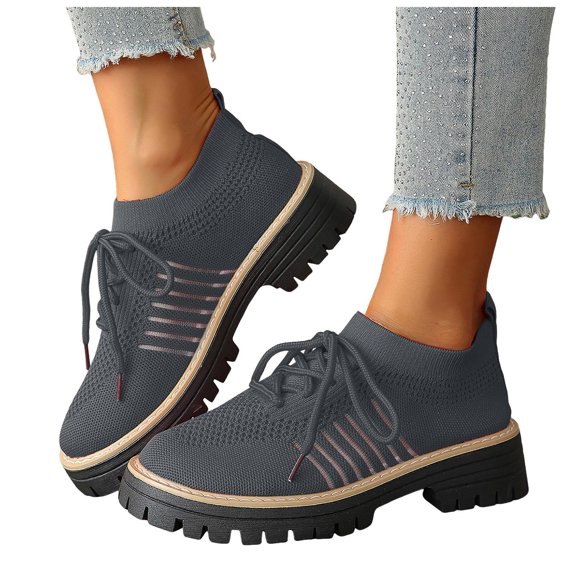Knit Oxford Shoes for Women Lace up Breathable Mesh Solid Color Classic Lug Sole Low Heel Elastic Slip on Dress Shoes Dark Gray Size 7.5