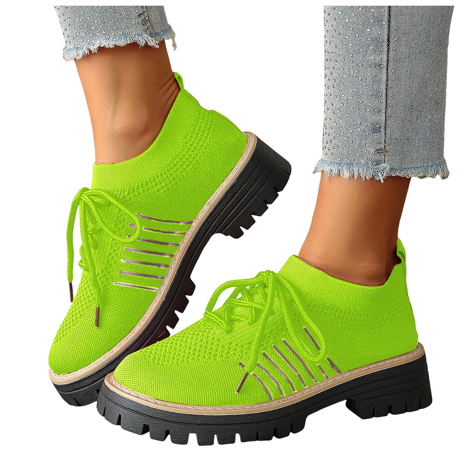 bright green dress shoes Mostsola Knit Oxford for Women Lace up Breathable Mesh Solid Color Classic Lug Sole Low Heel Elastic Slip on Shoes Light Size 6.5 It is recommended to