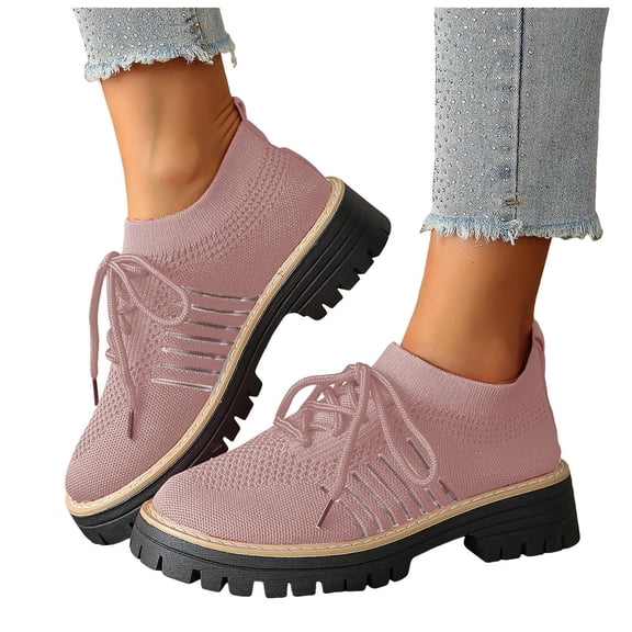 Knit Oxford Shoes for Women Lace up Breathable Mesh Solid Color Classic Lug Sole Low Heel Elastic Slip on Dress Shoes Pink Size 6.5