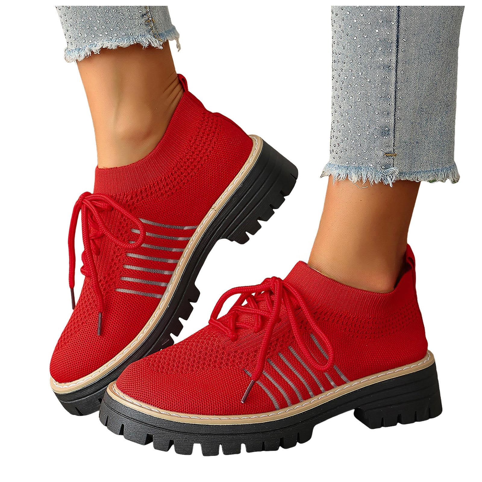 best knit dress shoes Mostsola Oxford for Women Lace up Breathable Mesh Solid Color Classic Lug Sole Low Heel Elastic Slip on Shoes Black Size 6, Women's how to wear a sweater dress with ankle boots