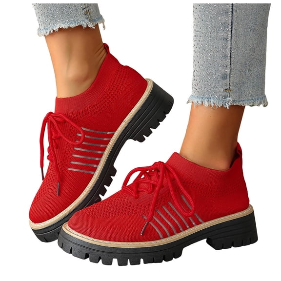 Knit Oxford Shoes for Women Lace up Breathable Mesh Solid Color Classic Lug Sole Low Heel Elastic Slip on Dress Shoes Red Size 8.5