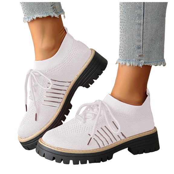 Knit Oxford Shoes for Women Lace up Breathable Mesh Solid Color Classic Lug Sole Low Heel Elastic Slip on Dress Shoes White Size 7